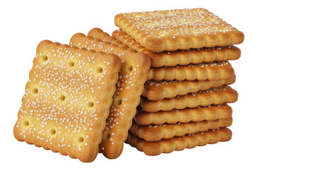 Isolated snack crackers with sugar topping, a stack of savory biscuits for refreshments