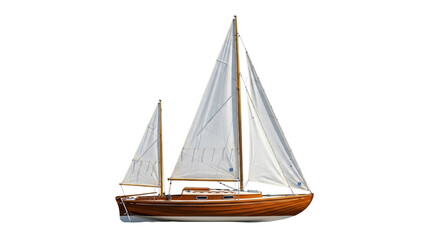 Isolated Yacht sailing boat, vintage style, with wooden hull and two white sails, afloat