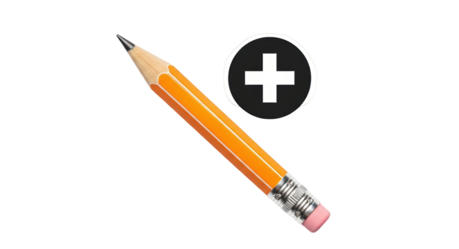 Isolated orange pencil plus sign, educational tool for writing and sketching. Art supply