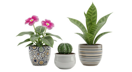 Isolated Collection of potted houseplants including flowers, cactus, and snake plant, no background