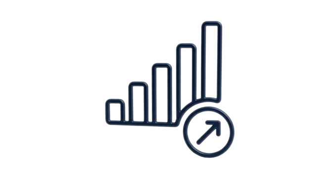 Isolated ascending bar chart graph, with arrow in circle, symbolizes growth and progress.