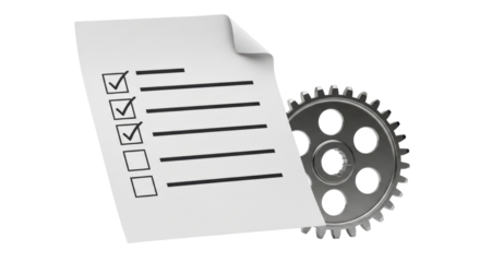 Isolated silver cog wheel standing near a checklist with checked boxes, business concept