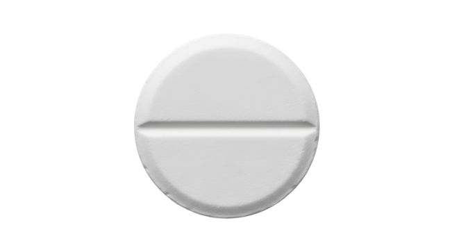 Isolated round white pill with score line, pharmaceutical medication for health care