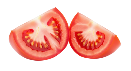 Isolated tomato wedges, two juicy segments, fresh sliced fruit, raw produce for salad topping