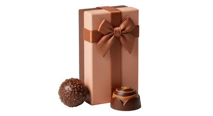 Isolated. Box of chocolates and truffles, brown satin ribbon bow, candies assortment