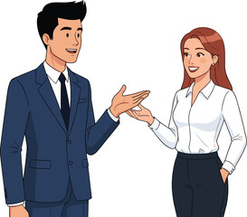Businessman and businesswoman talking, professional communication, corporate teamwork, office conversation, workplace d