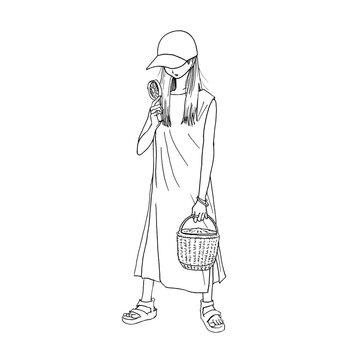 モバイルファンを顔に当てながら暑さをしのぐワンピースの女性（mono、jpeg）