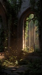 Obraz premium Sunlight streams through a Gothic arched window of an overgrown ruin, illuminating ferns and floating motes in a serene, mossy sanctuary.