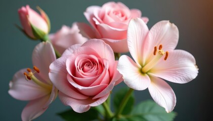 Naklejka premium Delicate pastel roses, lilies, ranunculus detail , lilies, flora, bouquet