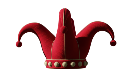 Isolated vintage red jester hat, crown with bells. A festive symbol of folly and mirth