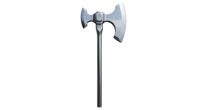 Isolated Double-Bladed Battle Axe, Poleaxe Weapon with Silver Blades and Steel Handle