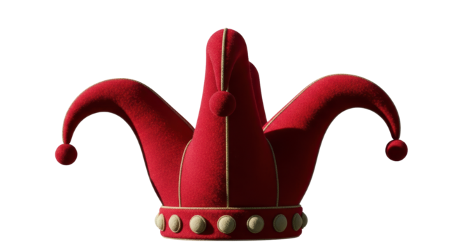 Isolated vintage red jester hat, crown with bells. A festive symbol of folly and mirth