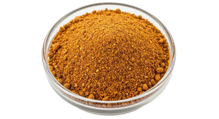 Isolated Indian jaggery powder in glass bowl full, unprocessed, raw brown sugar nutrition