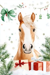 Festive horse with christmas gifts and evergreen decoration in snowy winter scene