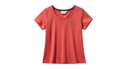Isolated women's reddish-orange short-sleeved t-shirt with logo, folded on plain surface; studio shot