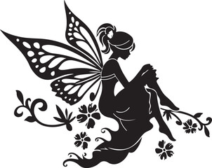 Elegant black vector silhouette of a fairy with delicate wings, perfect for fantasy-themed designs