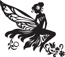 Elegant black vector silhouette of a fairy with delicate wings, perfect for fantasy-themed designs