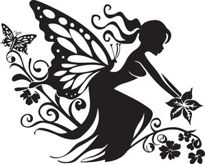 Elegant black vector silhouette of a fairy with delicate wings, perfect for fantasy-themed designs