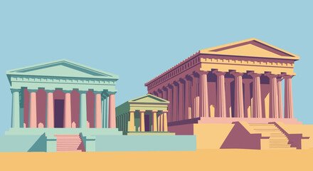 Obraz premium Three Ancient Greek Temples in a Row, Architectural Illustration.