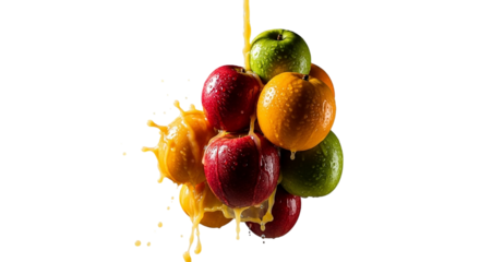 An explosion of flavor as juice cascades over fresh apples and oranges a vibrant dance of on transparent background