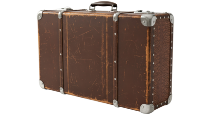 Isolated Vintage Brown Suitcase Luggage Old Case with Metal Trim Travel Trip on Vacation