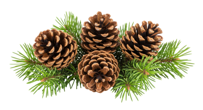 Isolated evergreen sprigs with pine cones, festive decoration for holiday, seasonal art