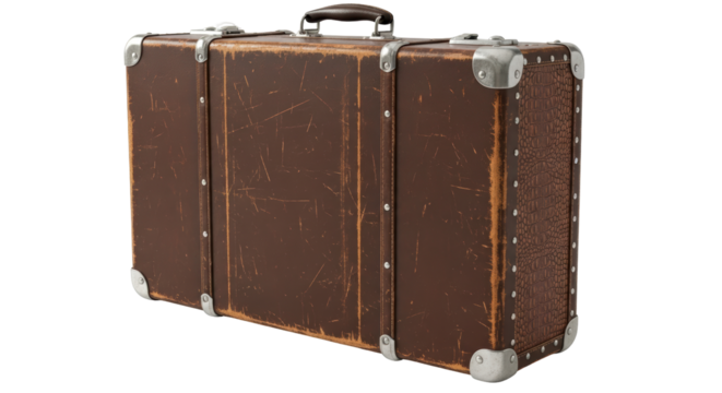Isolated Vintage Brown Suitcase Luggage Old Case with Metal Trim Travel Trip on Vacation