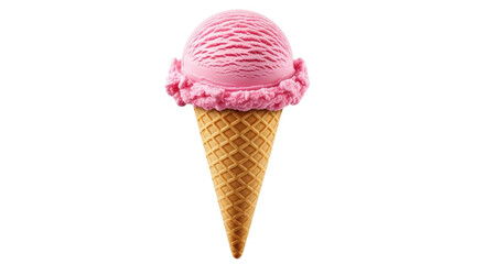 Isolated single scoop of strawberry ice cream on waffle cone delicious dessert sweet snack