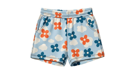 Isolated flower-patterned shorts on display, light blue color, orange and blue flowers; children's wear