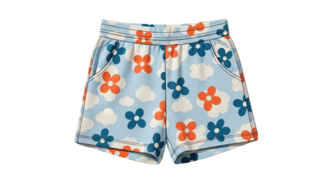 Isolated flower-patterned shorts on display, light blue color, orange and blue flowers; children's wear - Powered by Adobe