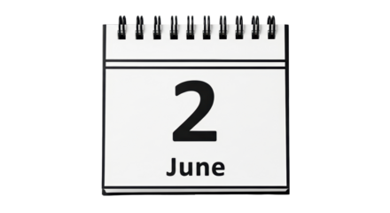 Isolated flip calendar showing June 2nd date, time management, day, schedule, reminder