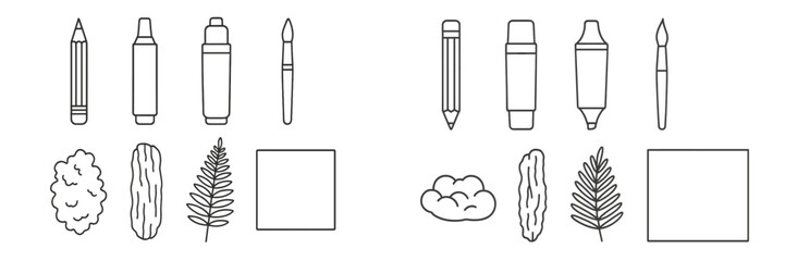 Minimalist outline featuring essential art tools and organic nature shapes for creative design projects and educational resources