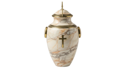 Isolated Catholic urn of marble and bronze for mortal remains, funeral cremation keepsake