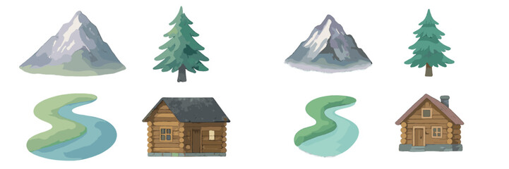 Watercolor nature elements featuring majestic mountains, tall pine trees, winding rivers, and cozy rustic wooden cabins © icon_art