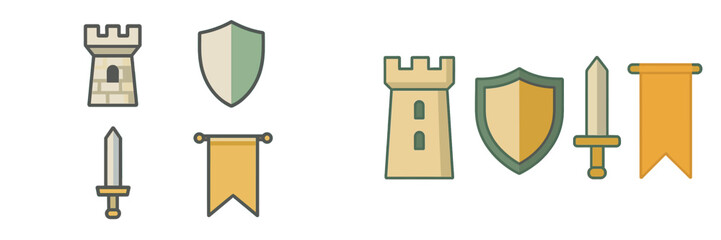 Collection of medieval fantasy game icons featuring castle tower, shield, sword, and banner elements for user interface design
