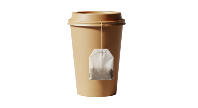Isolated disposable coffee cup with a tea bag on white studio background, beverage to go