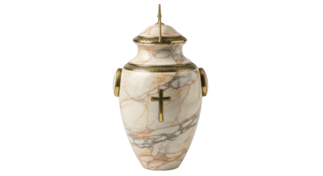 Isolated Catholic urn of marble and bronze for mortal remains, funeral cremation keepsake