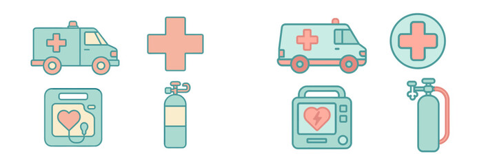 Fototapeta premium Essential emergency medical services equipment and first aid symbols including ambulance, defibrillator, oxygen tank, and blood bag