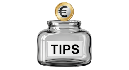 Isolated glass tip jar with euro coin, saving up for tips, tipping concept, bonus pay
