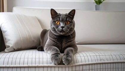 Gray cat with orange eyes lies on a white sofa with decorative pillow