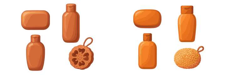 Assortment of personal hygiene products including soap bars, shampoo bottles, and bath sponges for daily care