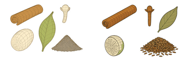 Assortment of essential kitchen spices: cinnamon sticks, whole cloves, bay leaves, nutmeg, and ground spices