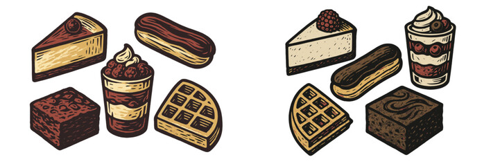 Delicious assortment of popular baked goods and sweet desserts including cheesecake, eclairs, brownies, waffles, and parfaits