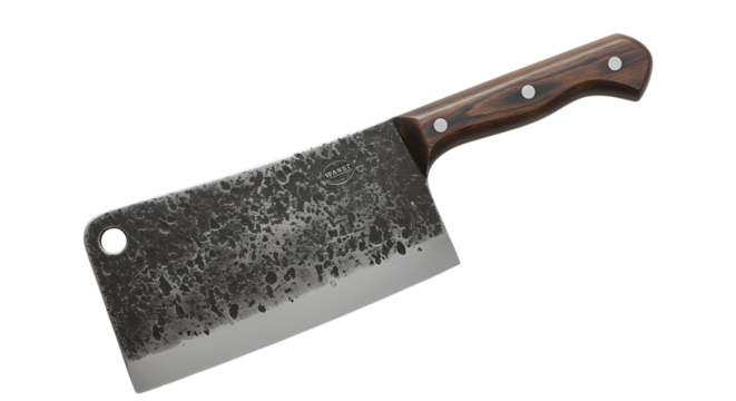 Hand Forged Cleaver A Butchers Knife with Intricate Patterned Blade  Wooden Handle on transparent background