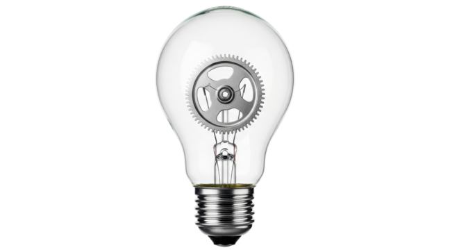 Isolated conceptual image of a light bulb with gear inside, innovation and idea concept