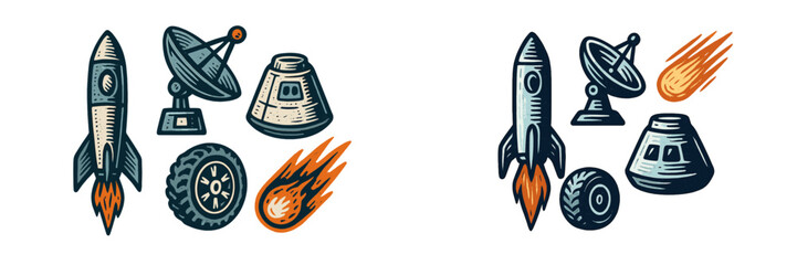 Space exploration elements including rockets, satellite dishes, reentry capsules, and celestial objects
