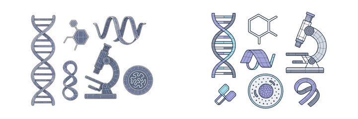 Scientific research and biology elements including DNA double helix, microscope, molecular structures, and cellular components