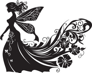 Elegant black vector silhouette of a fairy with delicate wings, perfect for fantasy-themed designs