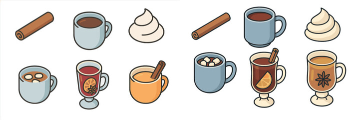 Assortment of warm drinks including hot chocolate, mulled wine, and spiced tea with various toppings and garnishes for winter