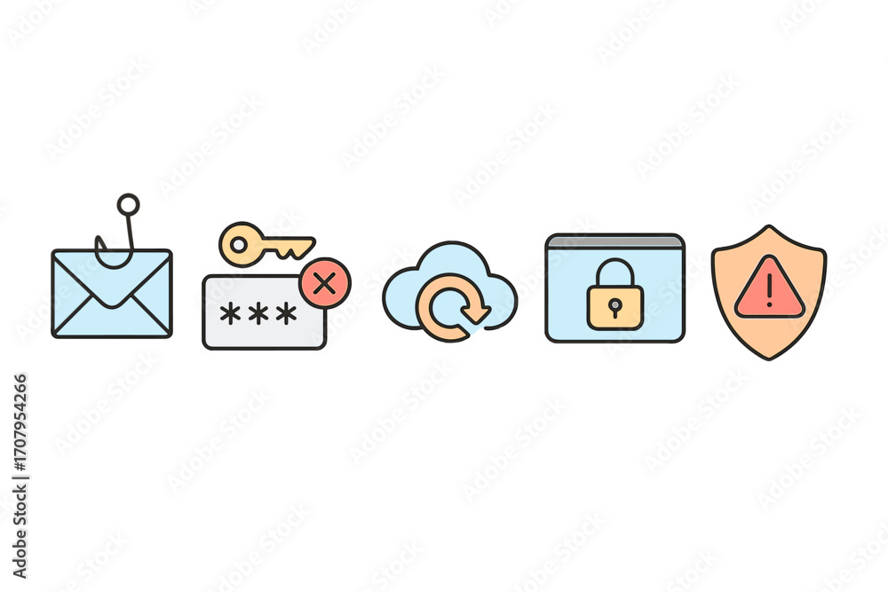 Poster digital security and data protection concepts with phishing, incorrect password, cloud data, secure 